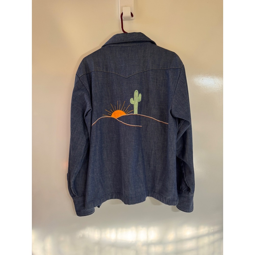 Vintage Bar C Authentic Western Denim Snap Button Shirt Desert Cactus Embroidery